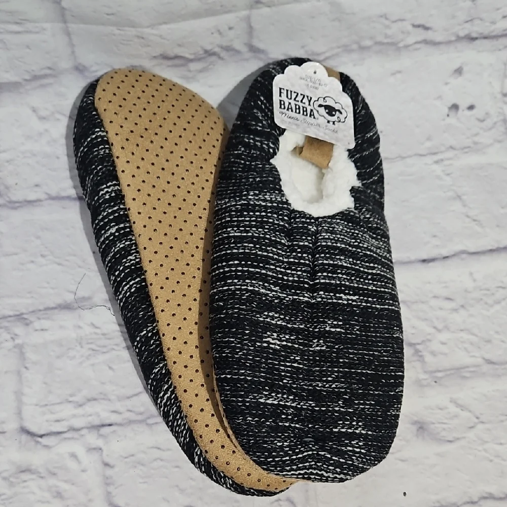 Fuzzy Babba Men's Black & White Knit Slip-On Slippers